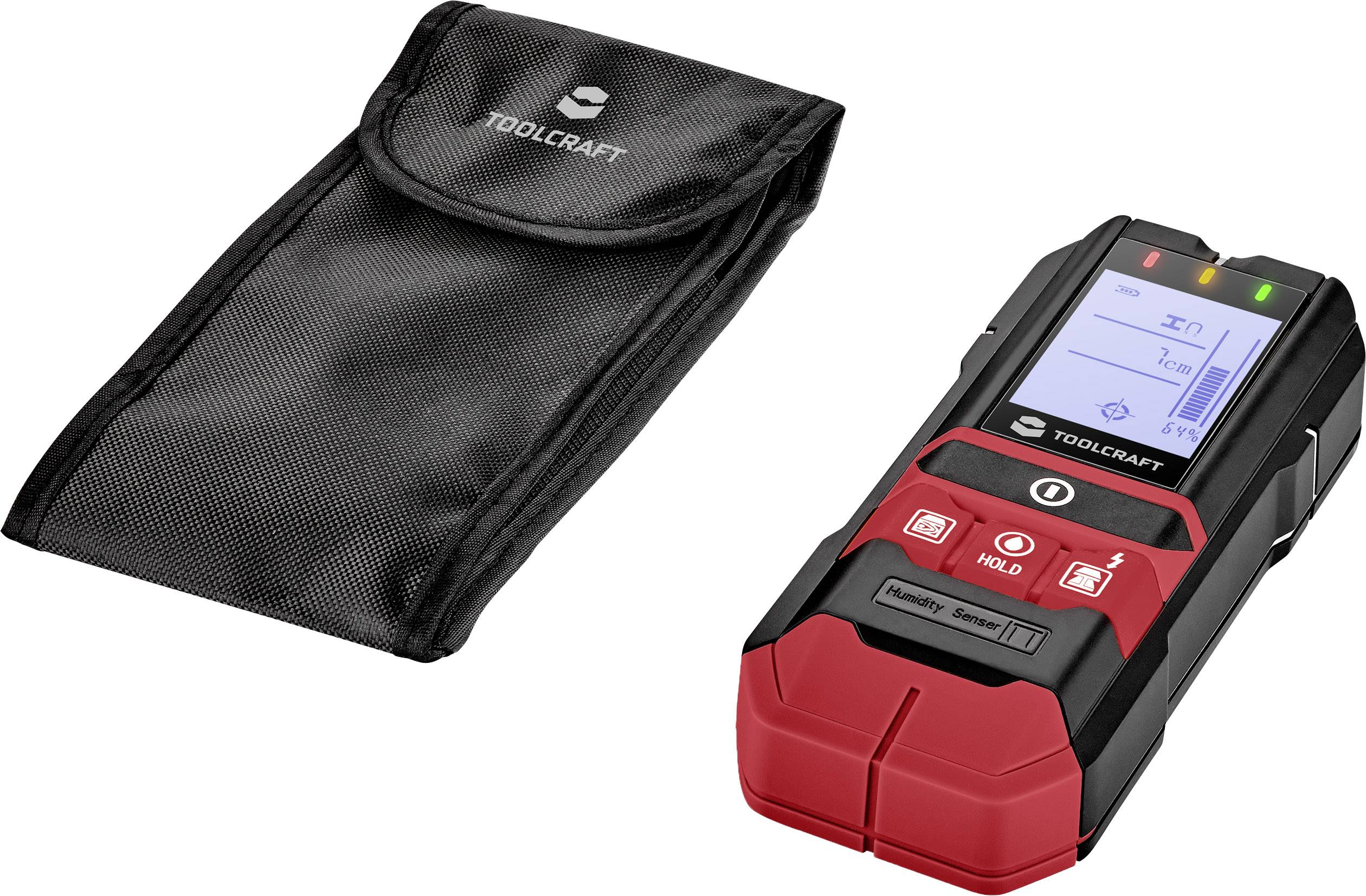 Electronic measuring device with LED display and control buttons, including a black carrying case. Device displays measurement values digitally.