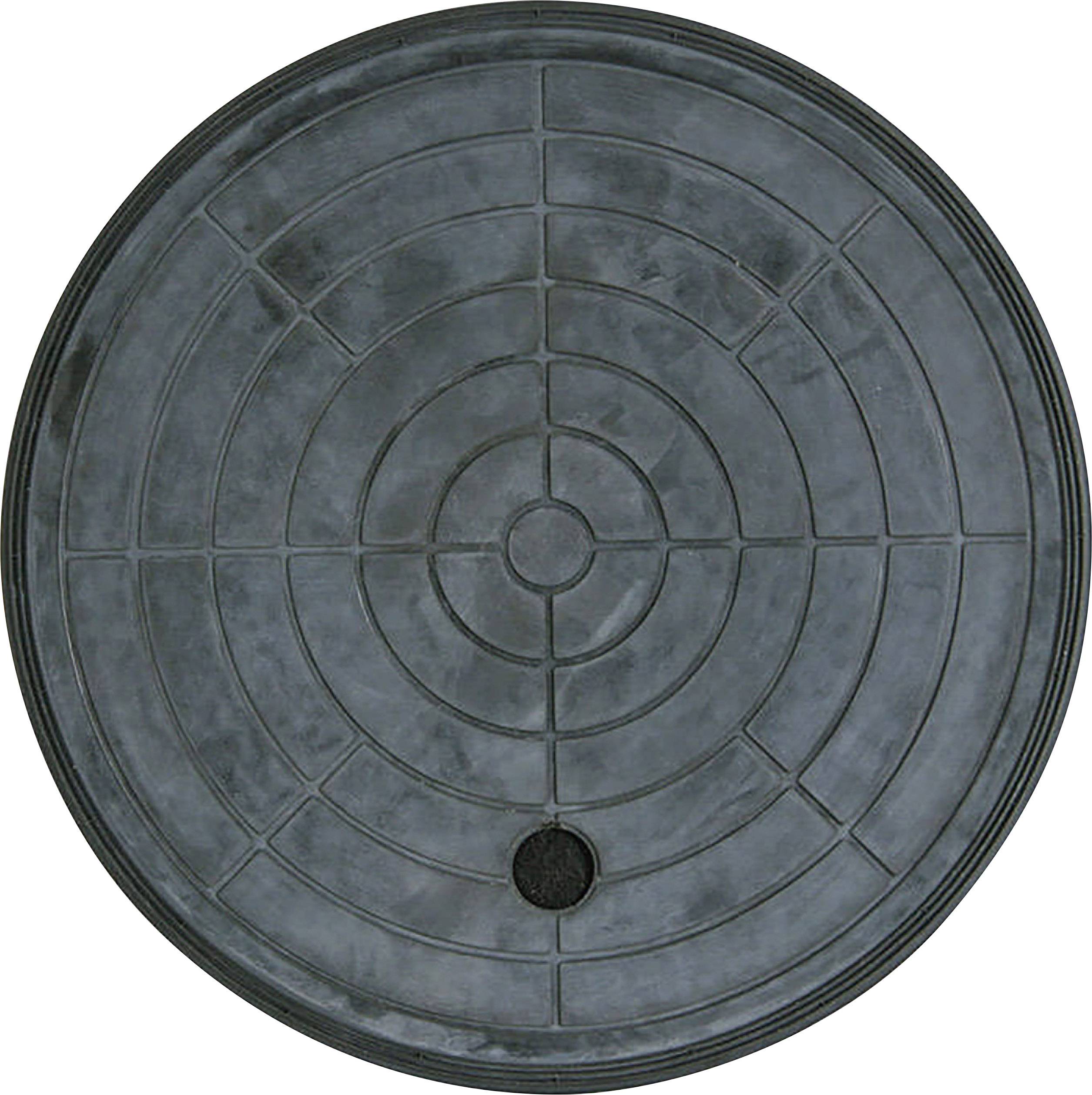 Circular metal manhole cover with a concentric pattern, with a small opening located near the edge.