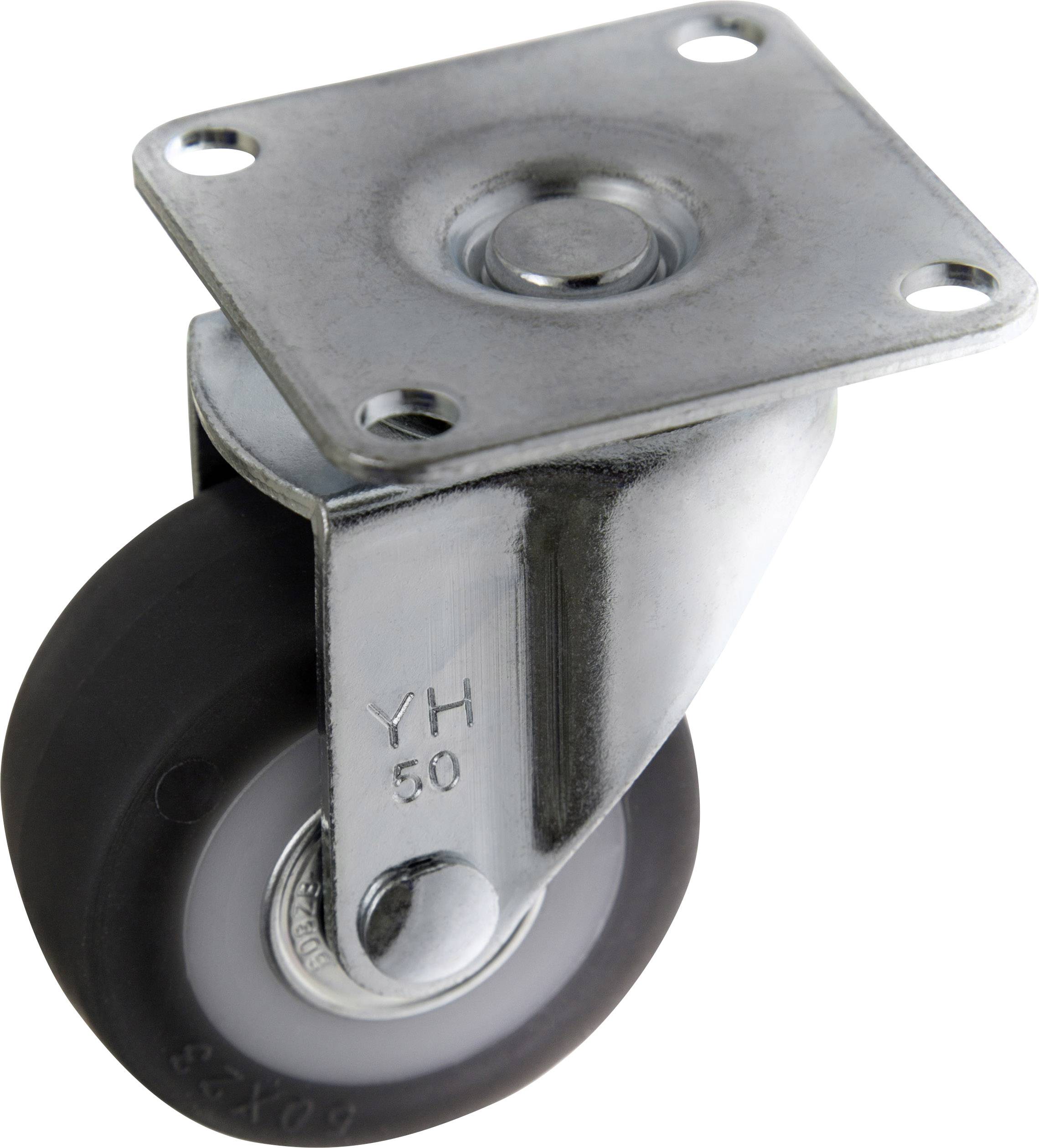 Metal castor with black rubber wheel and mounting bracket. Suitable for furniture or equipment to facilitate easy movement.