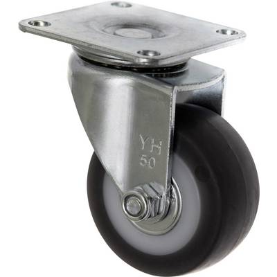 Metal castor with black rubber wheel and mounting plate. Suitable for furniture or equipment for easy movement.