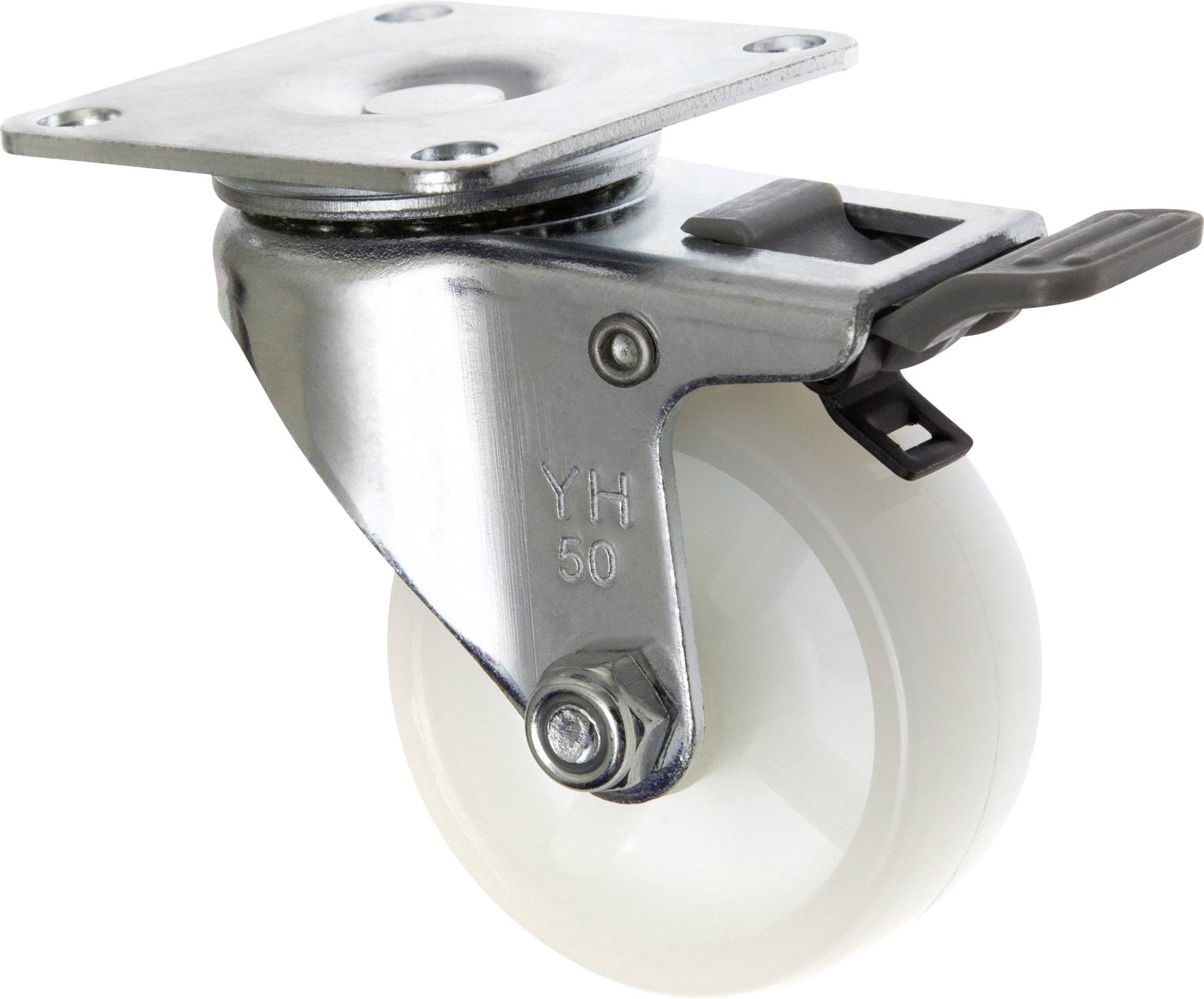 Swivel castor with white plastic wheel, mounted on a metal bracket, suitable for furniture or equipment to facilitate easy movement.
