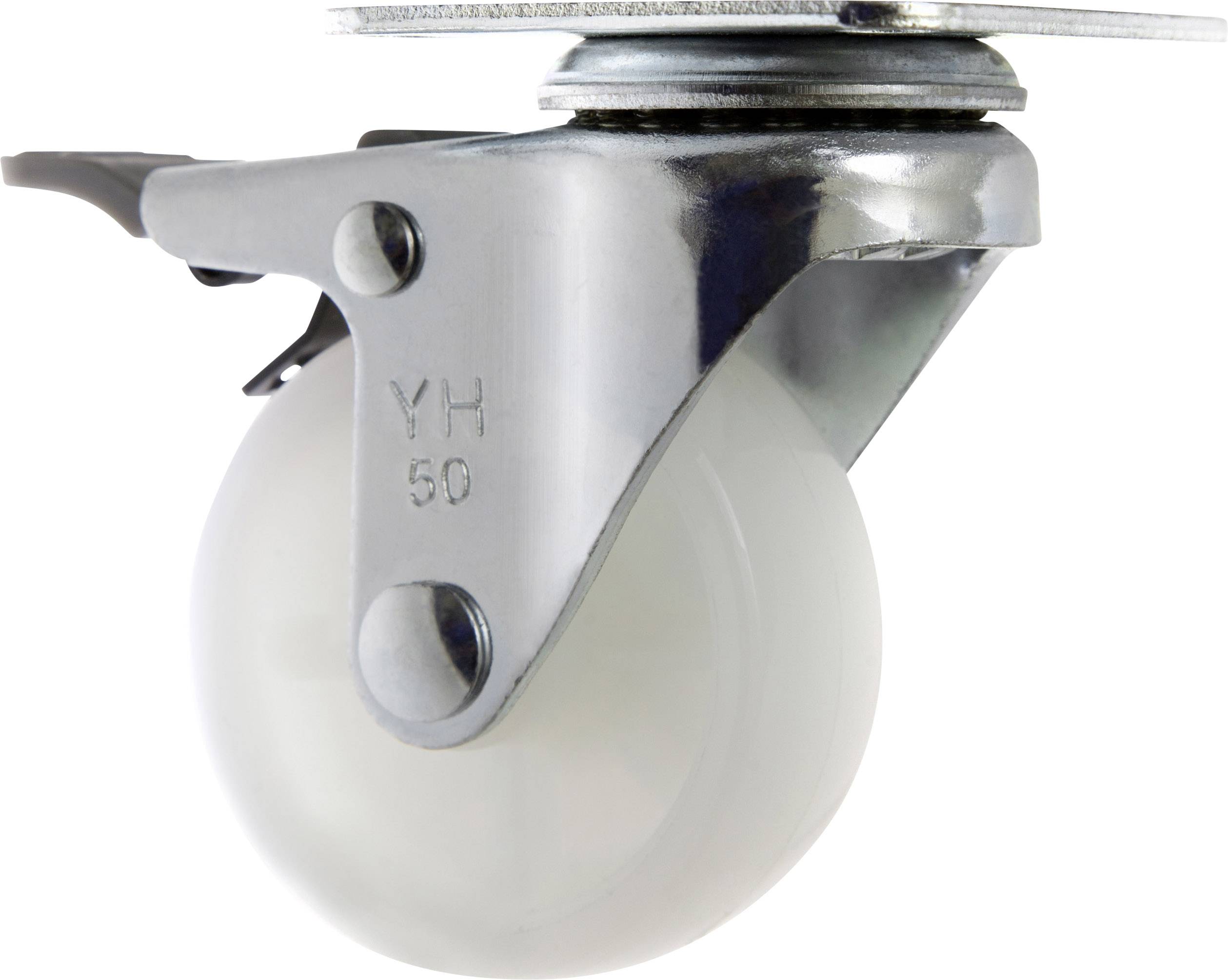 Metal and plastic castor wheel, mounted sideways, used for moving heavy objects.