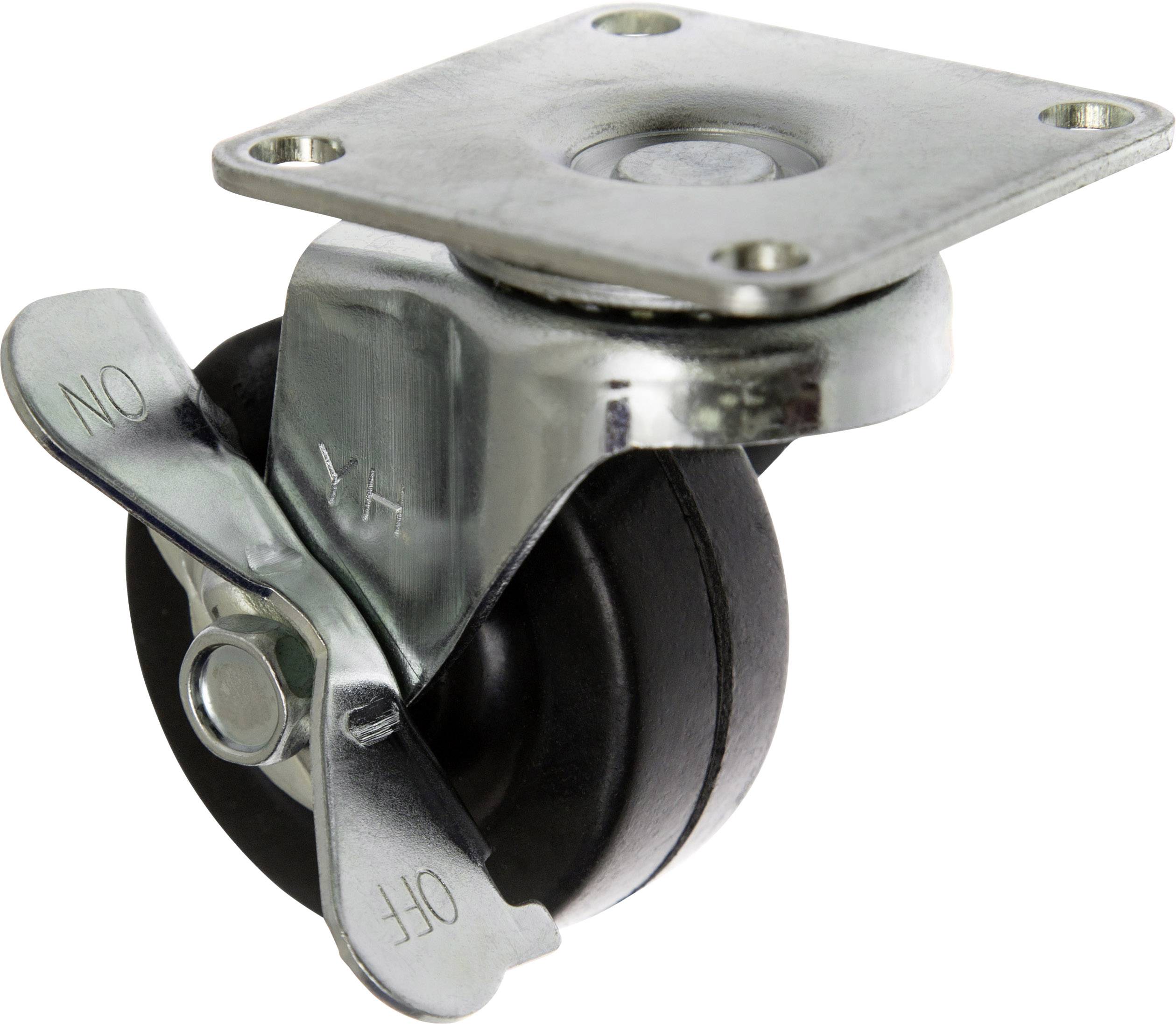 Metal swivel castor with black rubber wheel and locking lever. Suitable for furniture or transport trolleys for flexible movement.