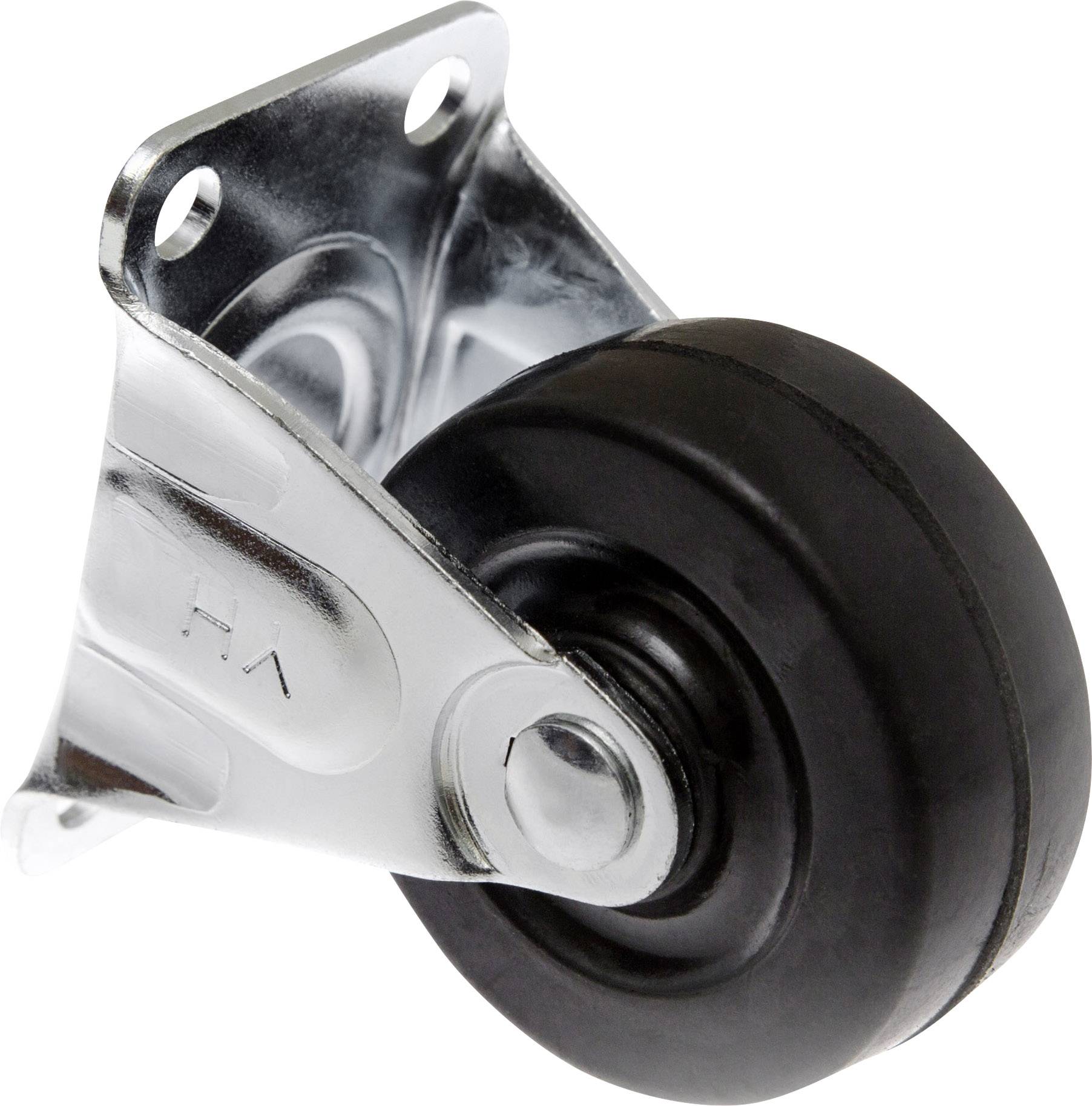 Metal swivel castor with a black rubber wheel, suitable for furniture or transport equipment. Fastened by two mounting holes.