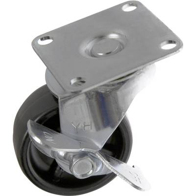 Metal swivel castor wheel for furniture, with a black plastic wheel. Suitable for light to medium loads and easy manoeuvrability.