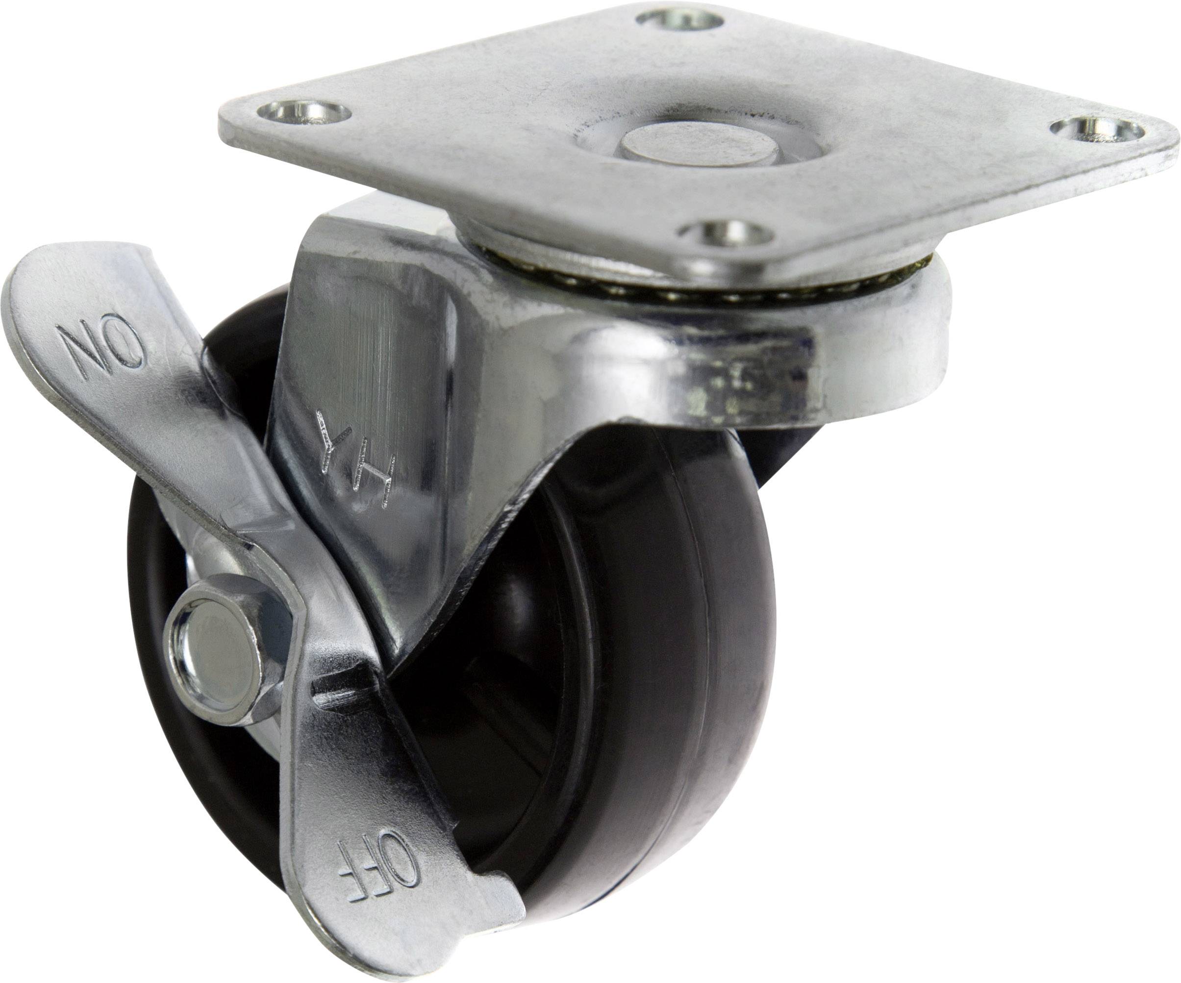 A silver castor wheel with a rectangular metal plate, suitable for furniture or equipment for easy movement.