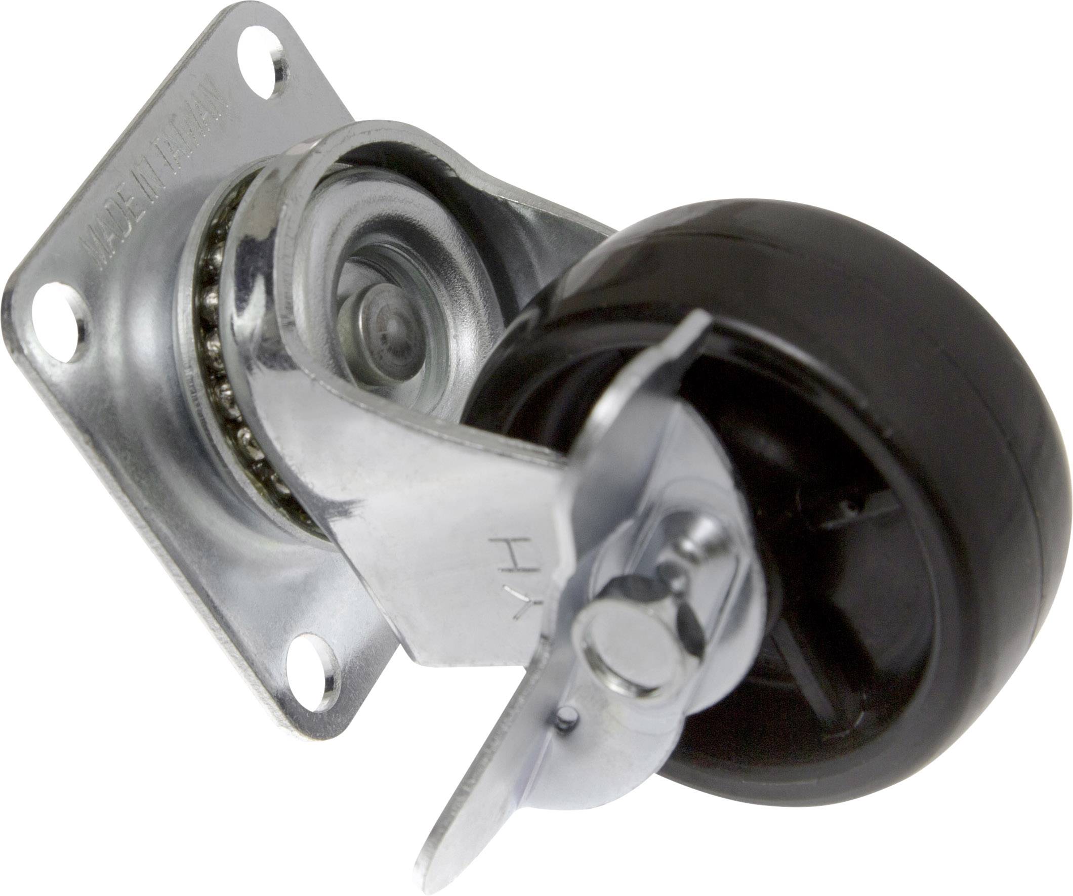 Swivel castor with a black plastic wheel and metal housing, showing the mounting bracket and fixing plate with screw holes.