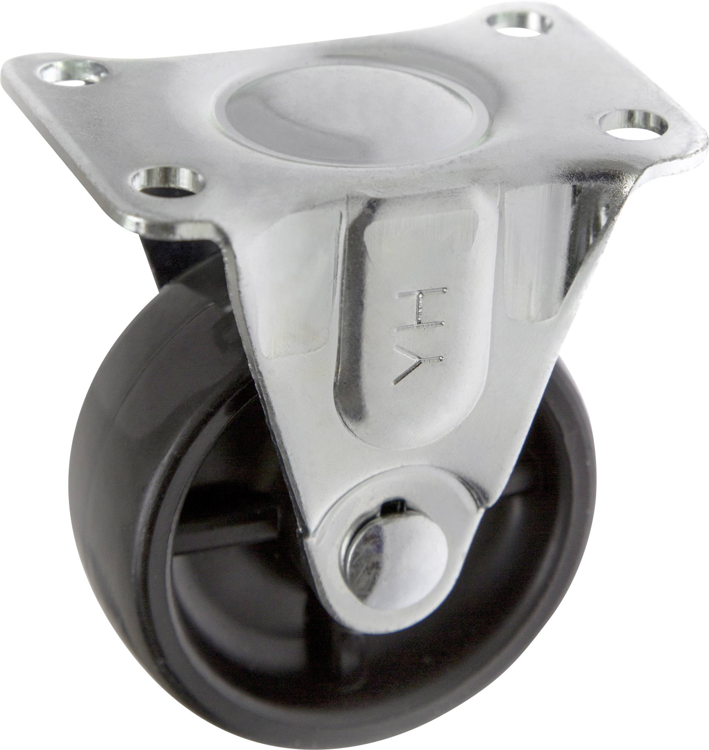 A black wheel with a grey metal casing, suitable for mounting on furniture or equipment.