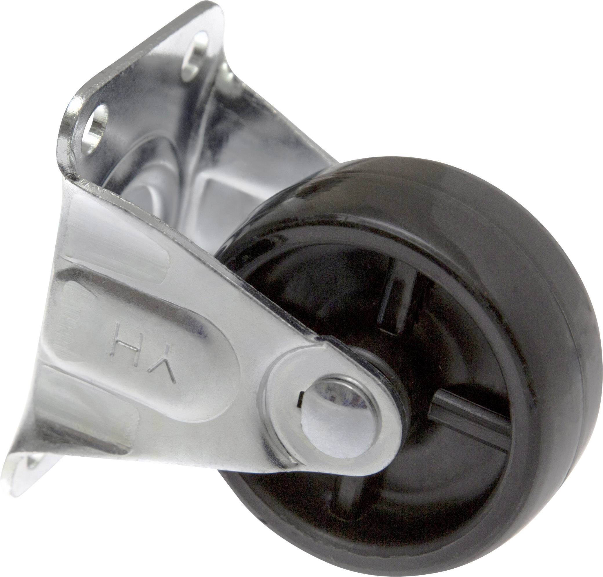 Metal castor with a black wheel, mounted on a bracket that can be screwed onto furniture or equipment.