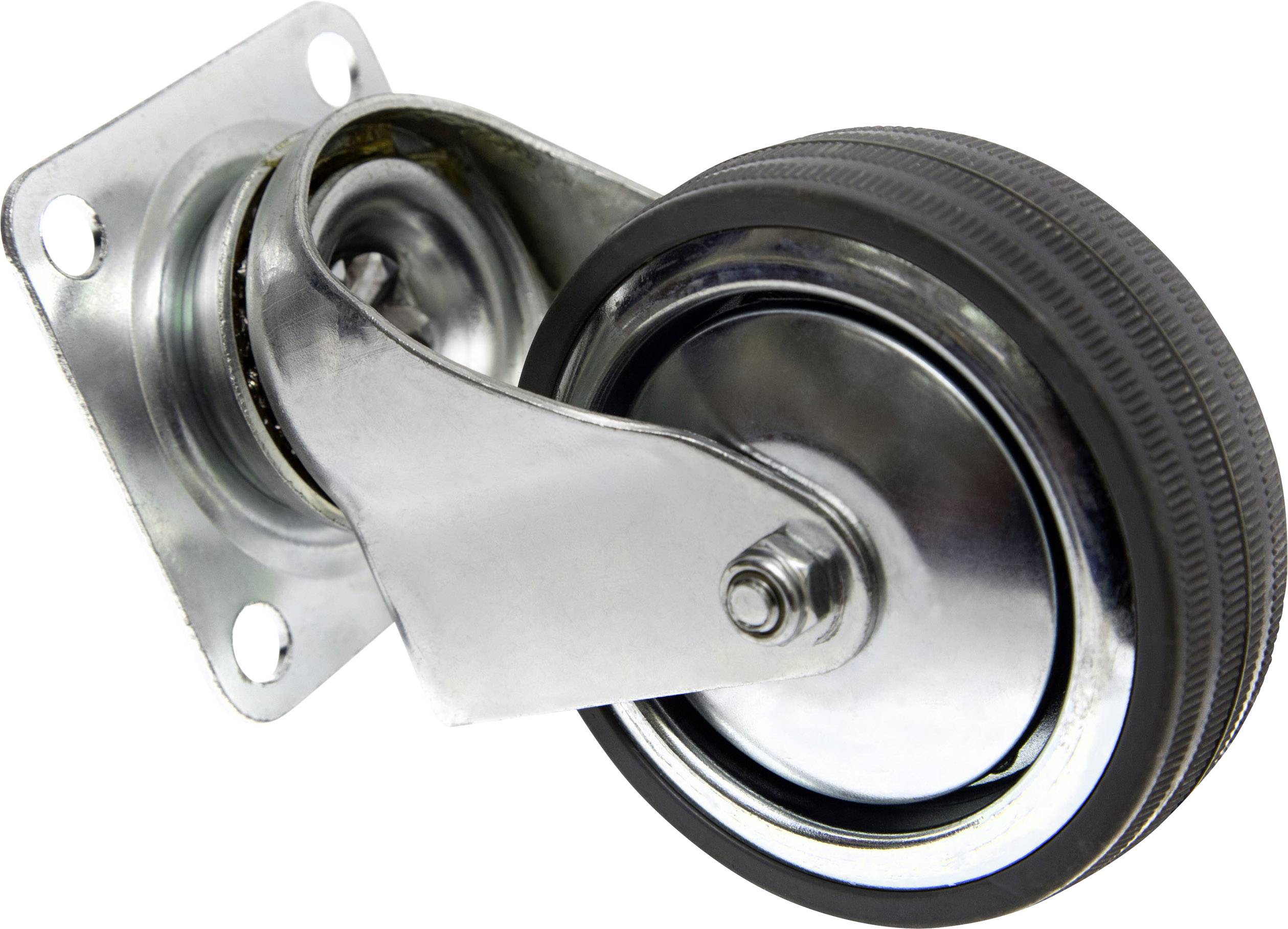 Metal swivel castor wheel with a metal housing mounted on a rectangular plate, featuring a black rubber tyre.