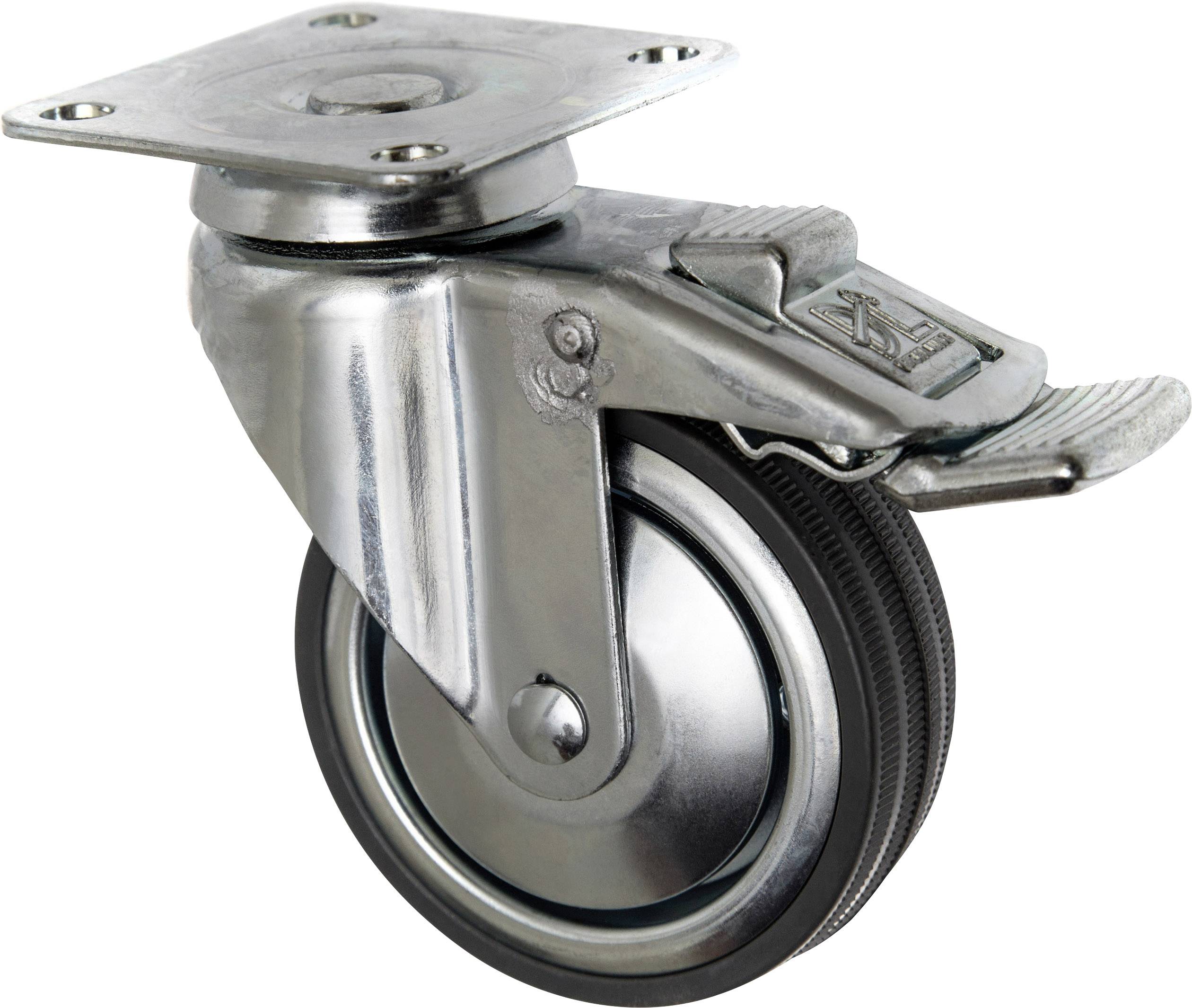Metal steering castor wheel with brake, suitable for attachment to furniture or mobility devices.