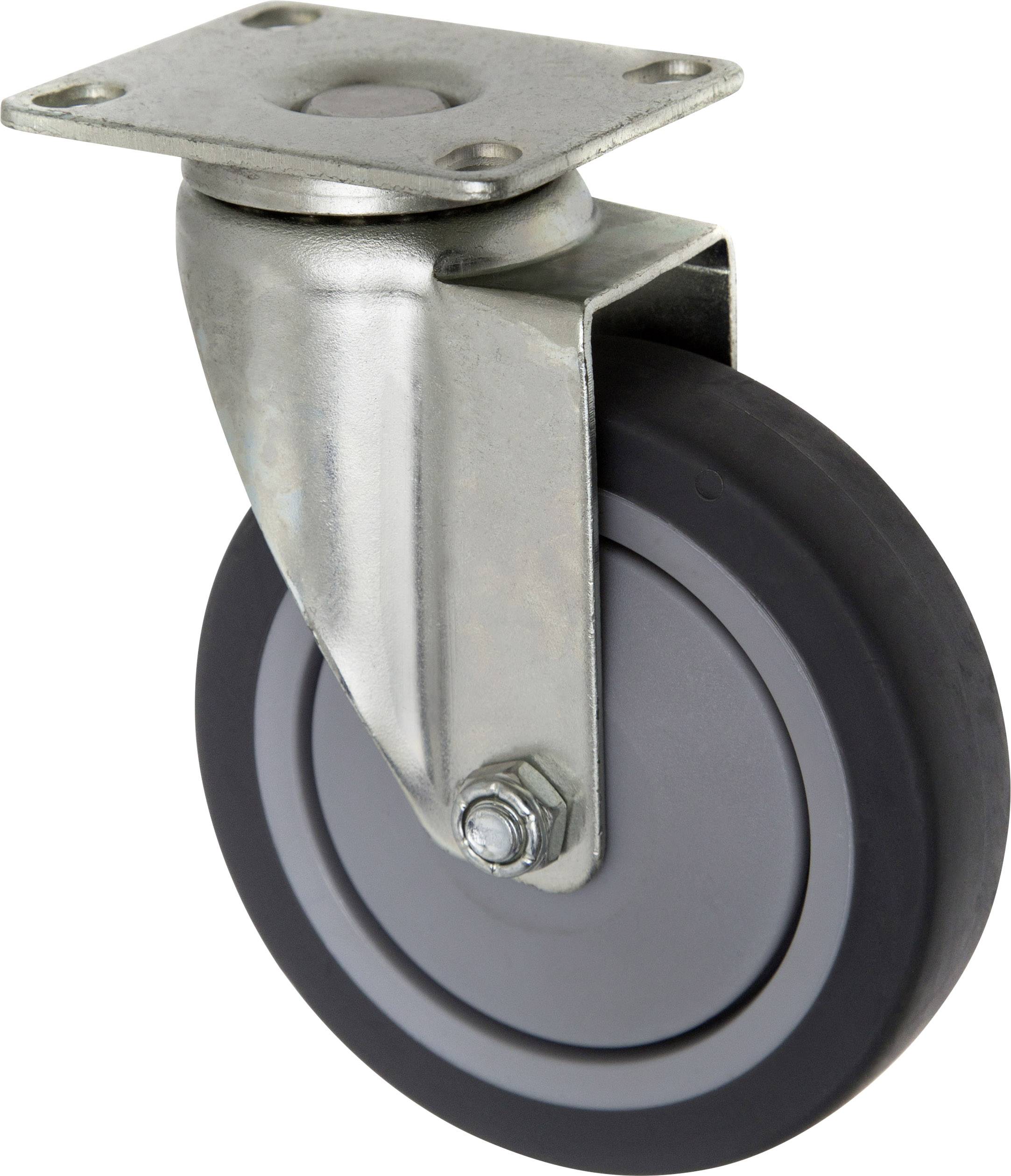 Metal castor with grey wheel and mounting plate. Suitable for furniture or equipment mobility.