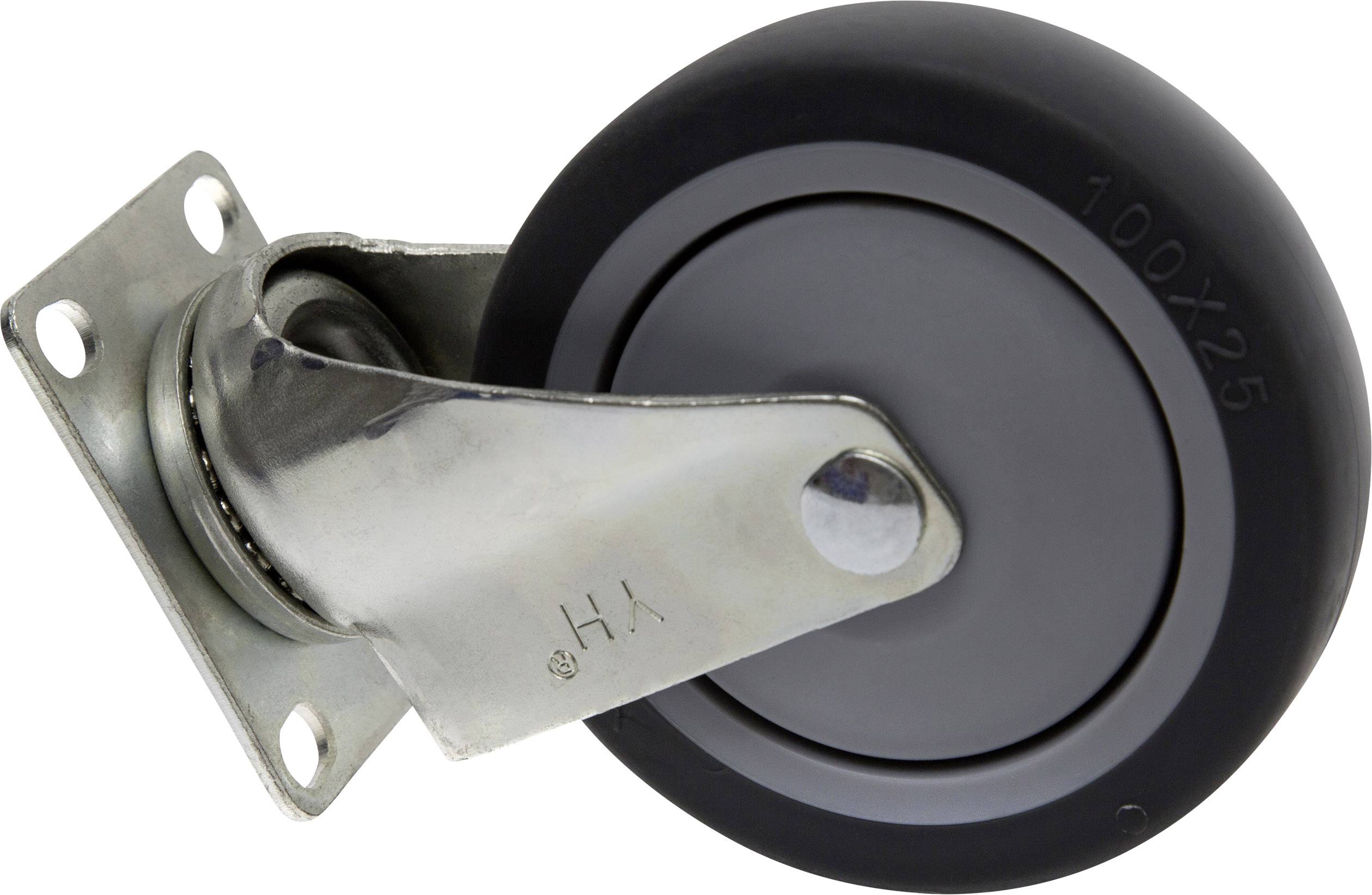 Swivel castor with metal mounting bracket and black rubber wheel. Suitable for furniture or transport trolleys.