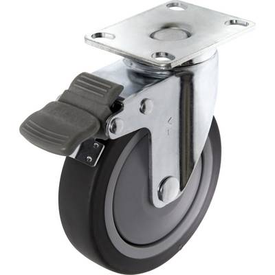 Metal and rubber swivel castor with brake lock. Suitable for use on furniture or equipment to facilitate movement.
