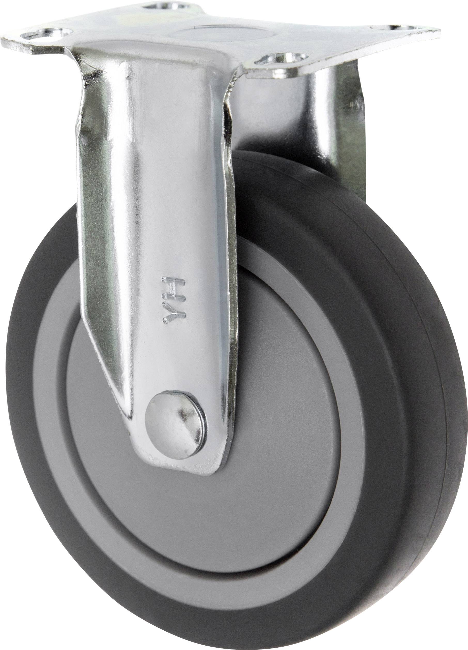 Metal wheel with a black rubber tyre and metal mounting bracket, suitable for attaching to furniture or equipment to provide mobility.