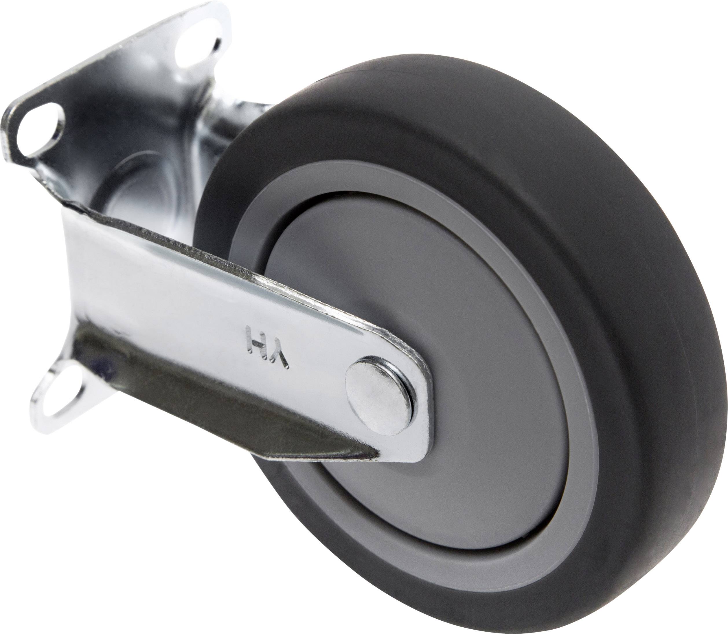 Grey swivel castor with metal mounting, suitable for furniture or transport trolleys.