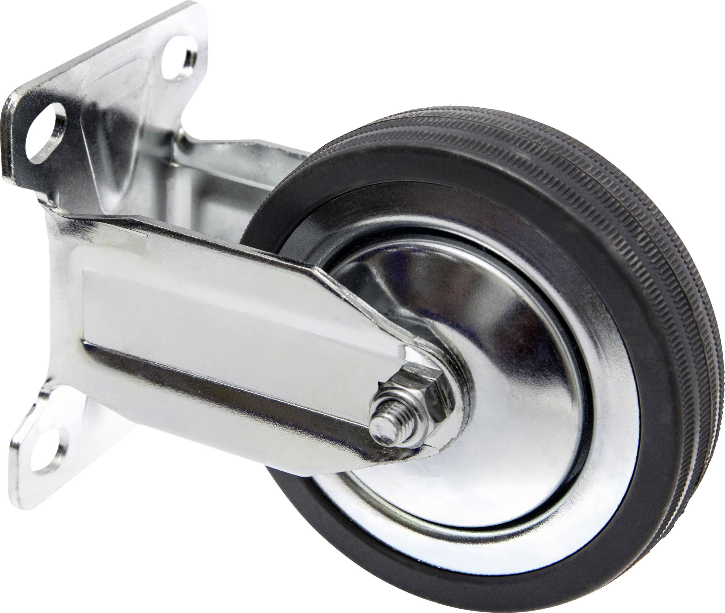 Swivel castor made of metal with a black rubber wheel and mounting plate, suitable for furniture or transport equipment.