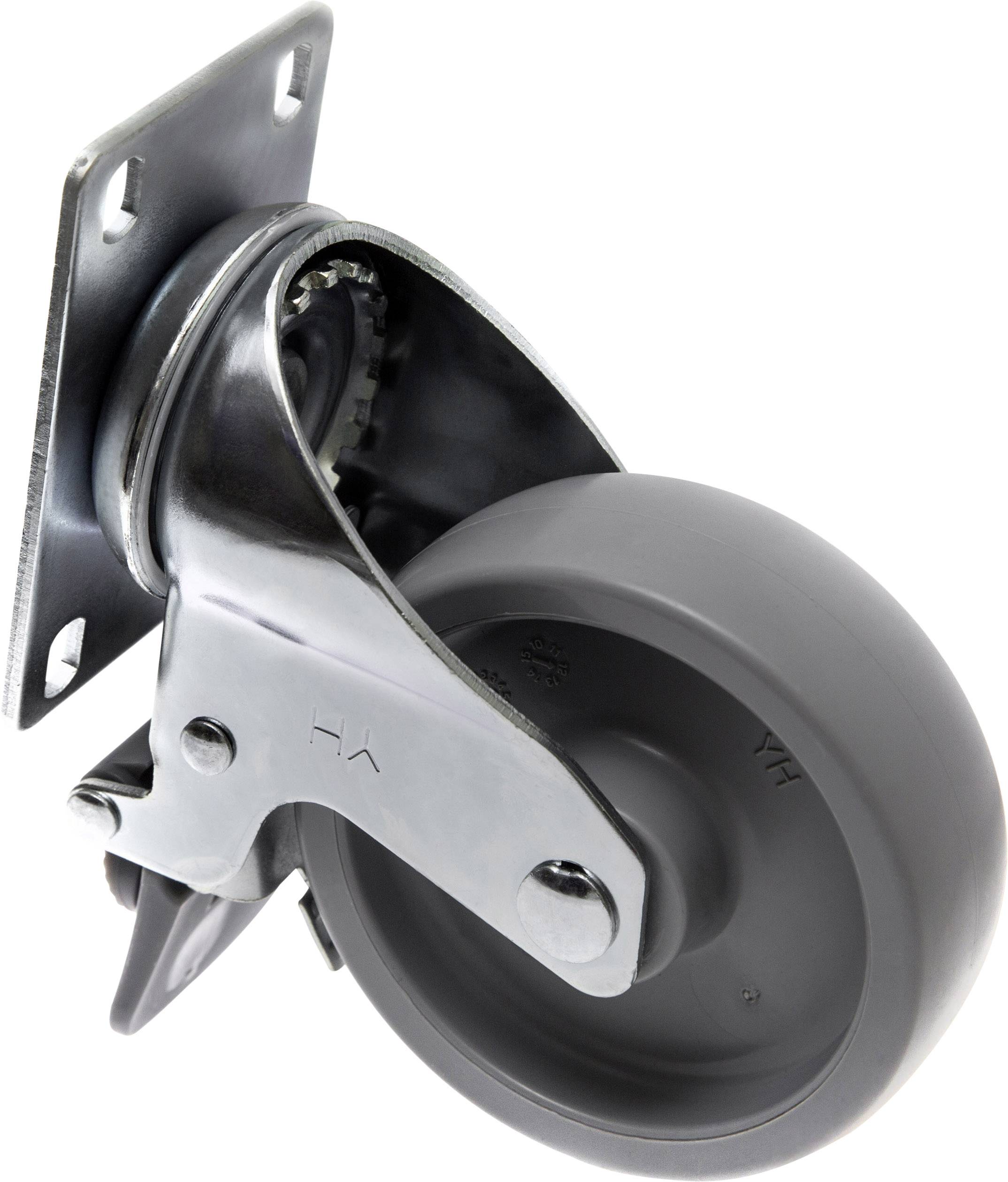 Industrial castor wheel with brake and mounting plate, suitable for heavy loads on smooth floors.