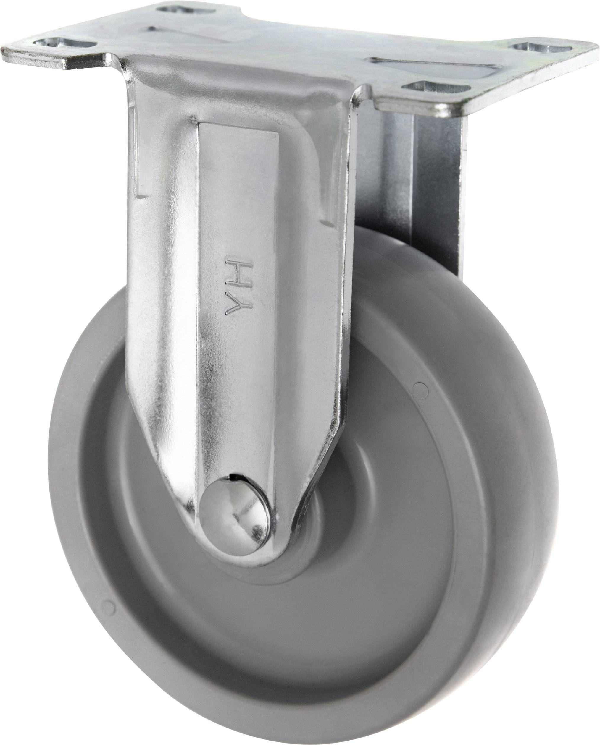 Industrial swivel castor with grey wheel and silver metal housing, suitable for heavy loads in warehouse or transport applications.