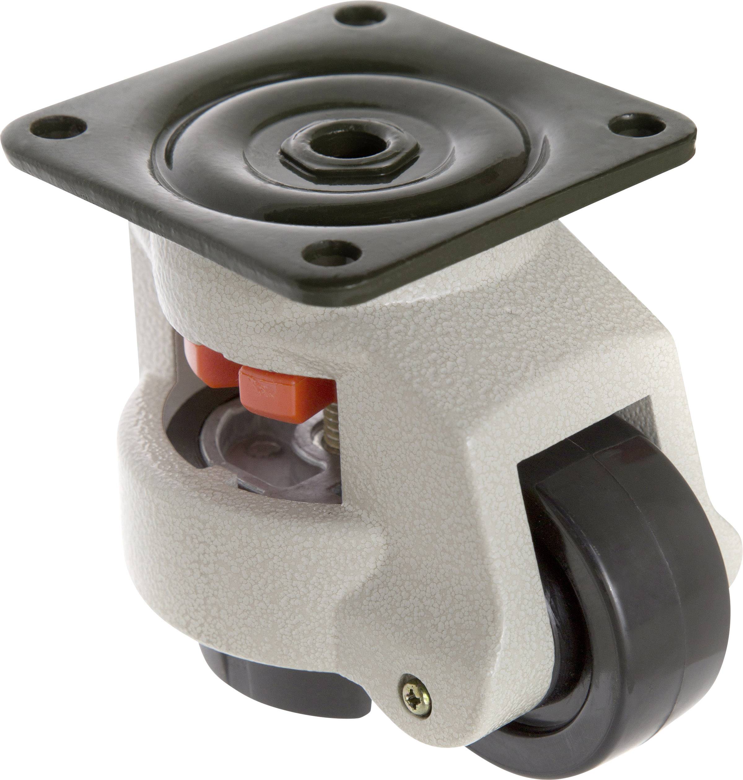 Grey-black industrial castor wheel with mounting plate and visible suspension, suitable for heavy equipment or industrial applications.