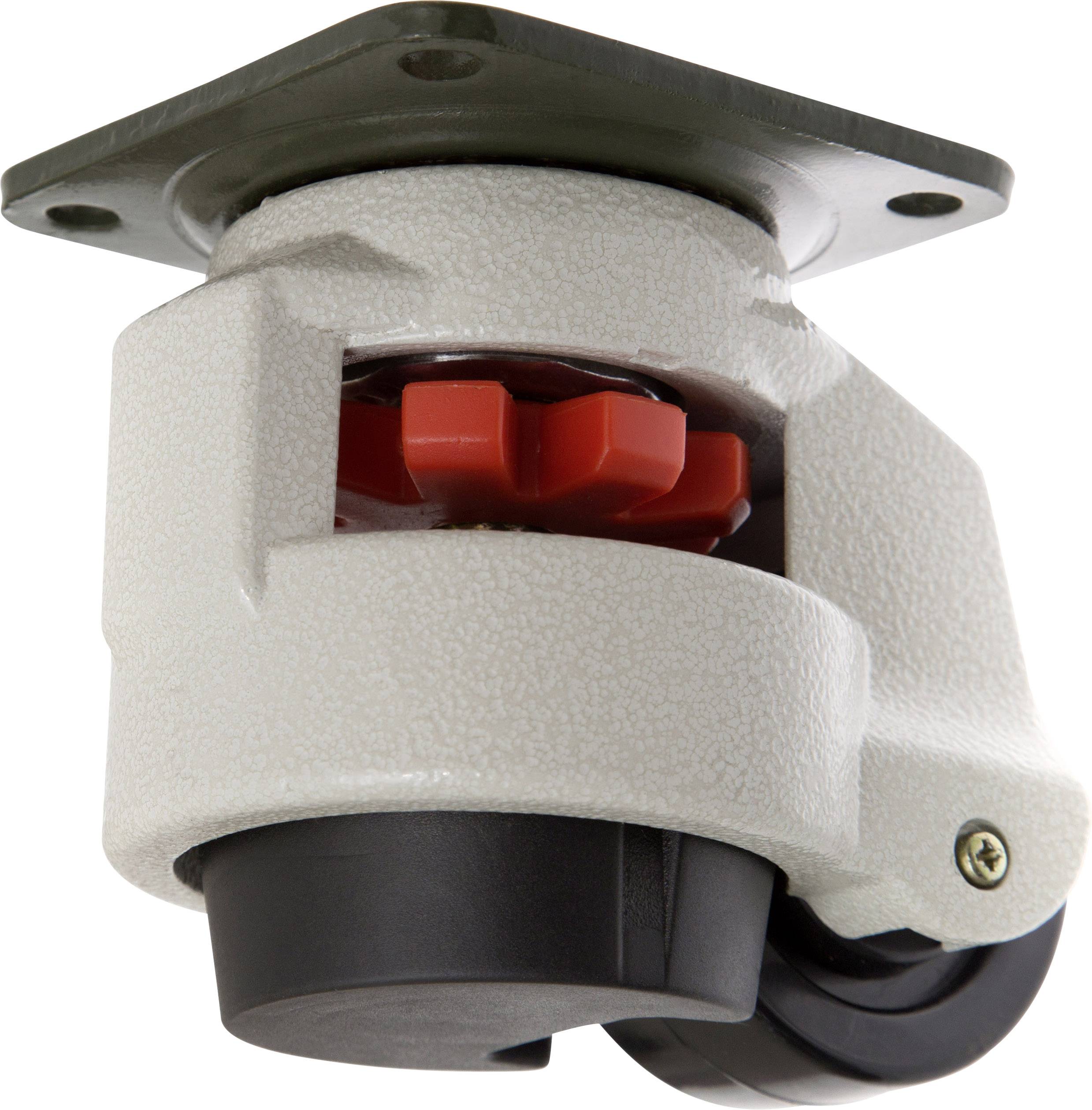 Industrial metal castoring wheel holder with two black wheels and red gear mechanism. Suitable for transport equipment.