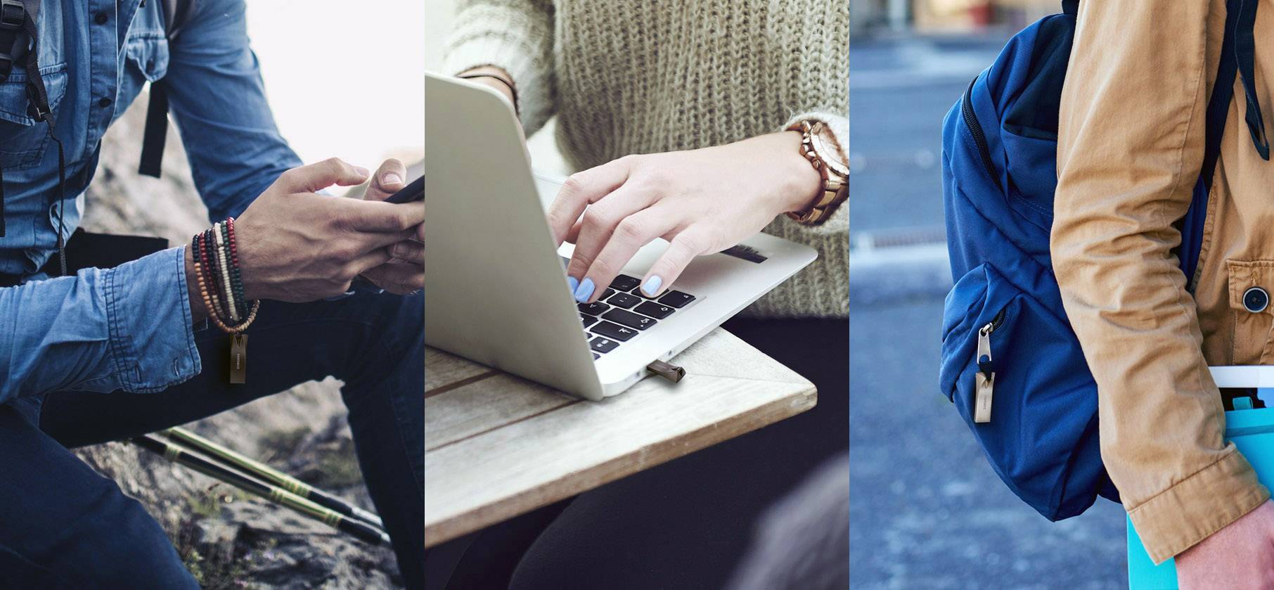 Three images side by side: on the left, a person with a smartphone, in the centre, a person on a laptop, on the right a backpack travelling.