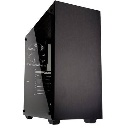 Black computer case with a side glass window, providing a view of the internal components, including fans.