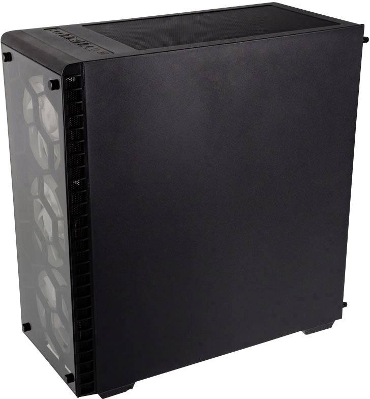 A black computer case with a transparent side panel and front ventilation openings. No visible brands or logos.