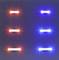 Red and blue lights in a dark room, symmetrically arranged in two columns with three rows.