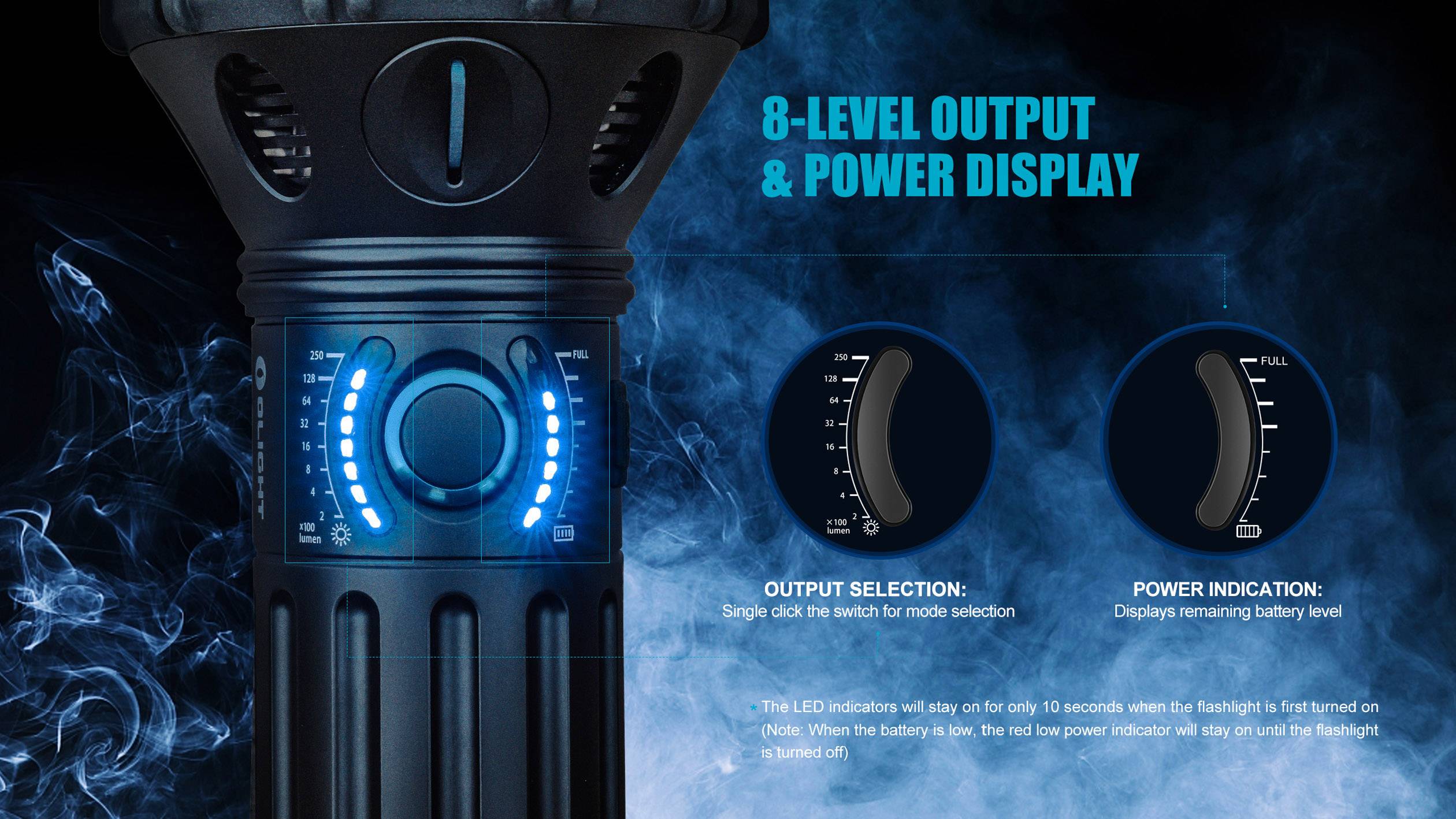 Torch with 8 brightness levels and power indicator. Left: Selection switch with illuminated bar. Right: Remaining battery display.