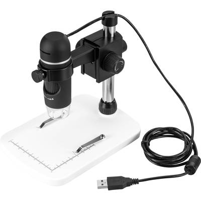 'Digital microscope with USB connection, stand base, two rotary controls, and measuring line on the platform.'