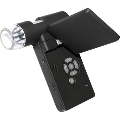 A black handheld device with buttons and a foldable screen. At the top is a luminous, circular lens area.