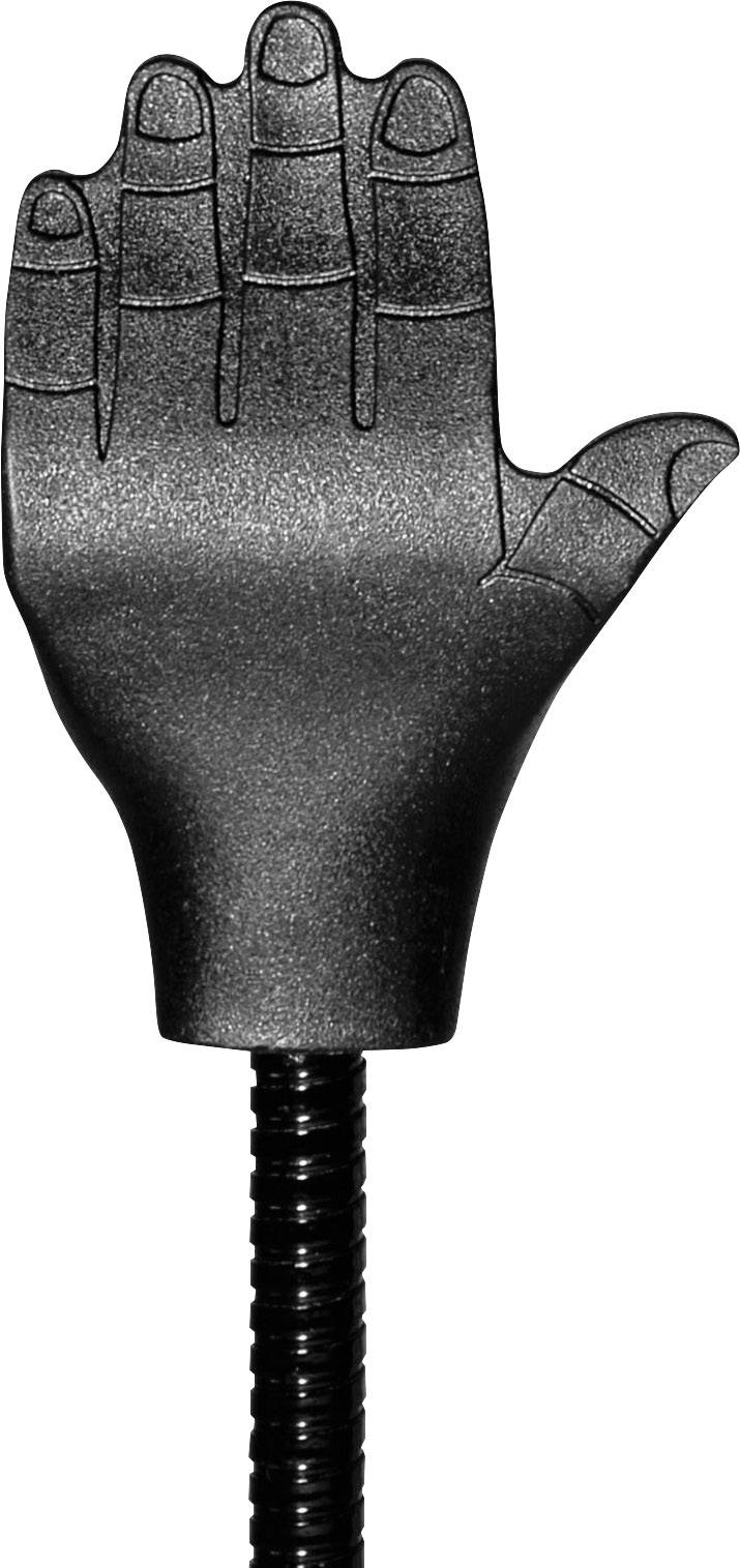 A stylised black hand on a flexible rod.
