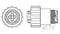 Drawing of a connector with top view and side view, showing details of the internal structure and threading.