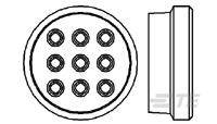 Technical drawing of a round connector with nine contacts in a 3x3 grid. Front and side view.