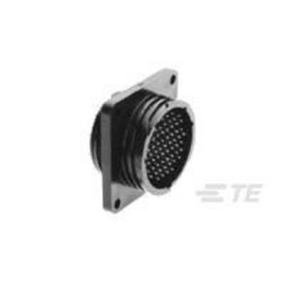 'A round, black connector plug with multiple small holes, mounted on a rectangular metal plate, logo on the right.'