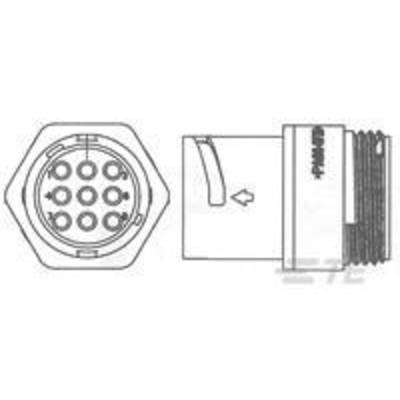 Connector with a circular nine-pin socket and threaded screw. Shows front view with pin configuration and side view.