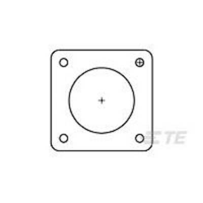 A technical drawing shows a square mounting bracket with four screw holes and a central circle.