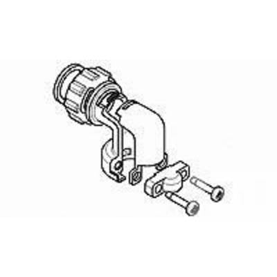 3D drawing of a pipe connector with two screws, showing the fastening method and individual components of the connection.
