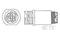Technical drawing of a connector with four pins, side and front view.