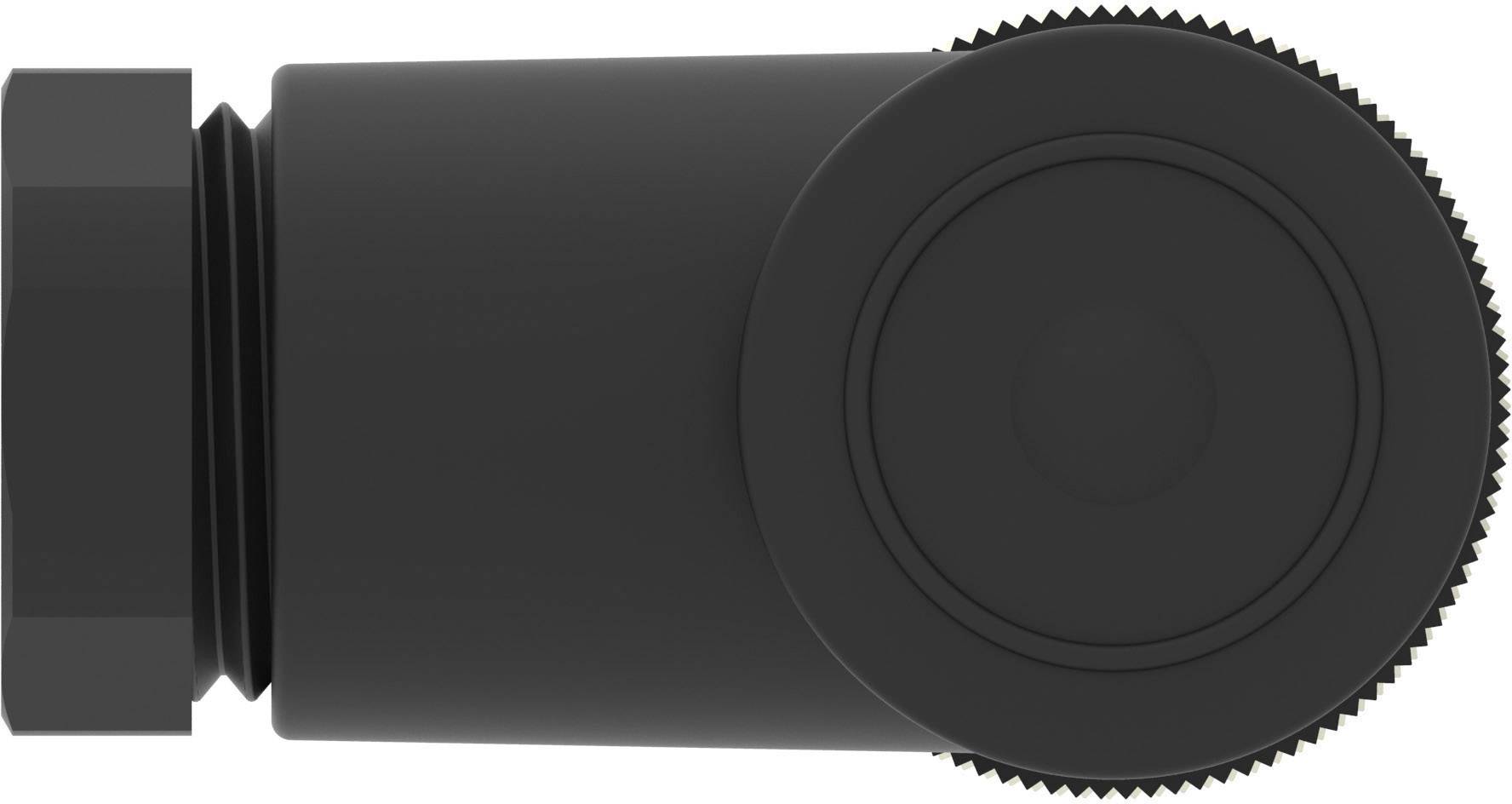 Black cylindrical component with fluted edges and a screw connection, horizontally aligned.