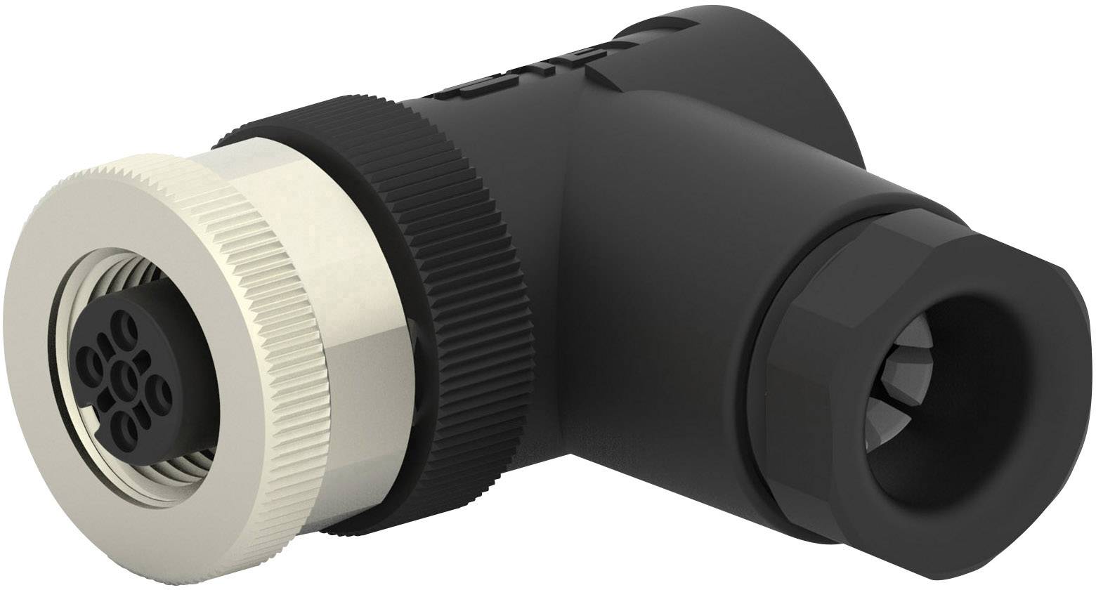 A black, L-shaped electrical plug with a metallic ring on the left side and multiple connection sockets.