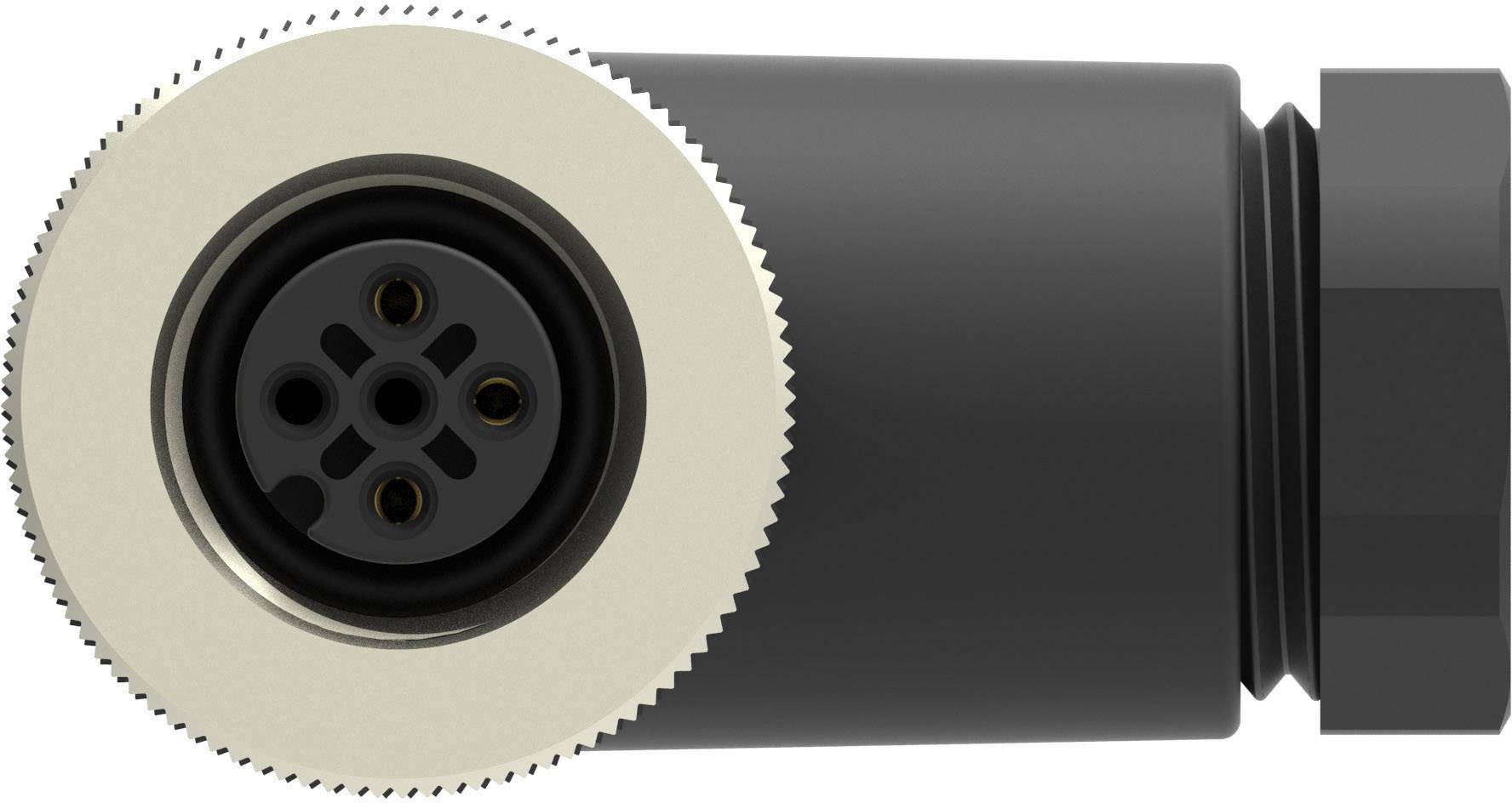 Plug view of a round, black six-pin connector with metal housing, side perspective.