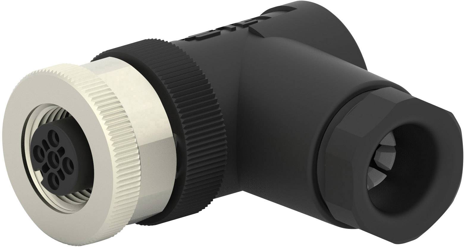 A black angular connector with a metallic terminal and multiple round holes at the end, used for electrical connections.