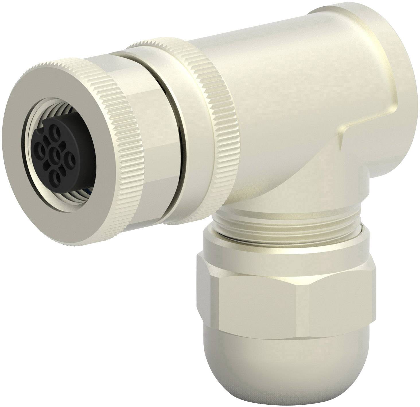 An L-shaped metal plug with multiple contacts, suitable for electronic connections in industrial applications.