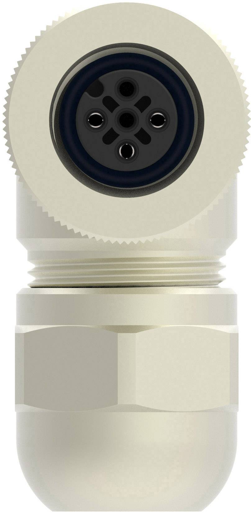 View of a circular connector plug showing multiple pins, surrounded by a metallic outer shell.
