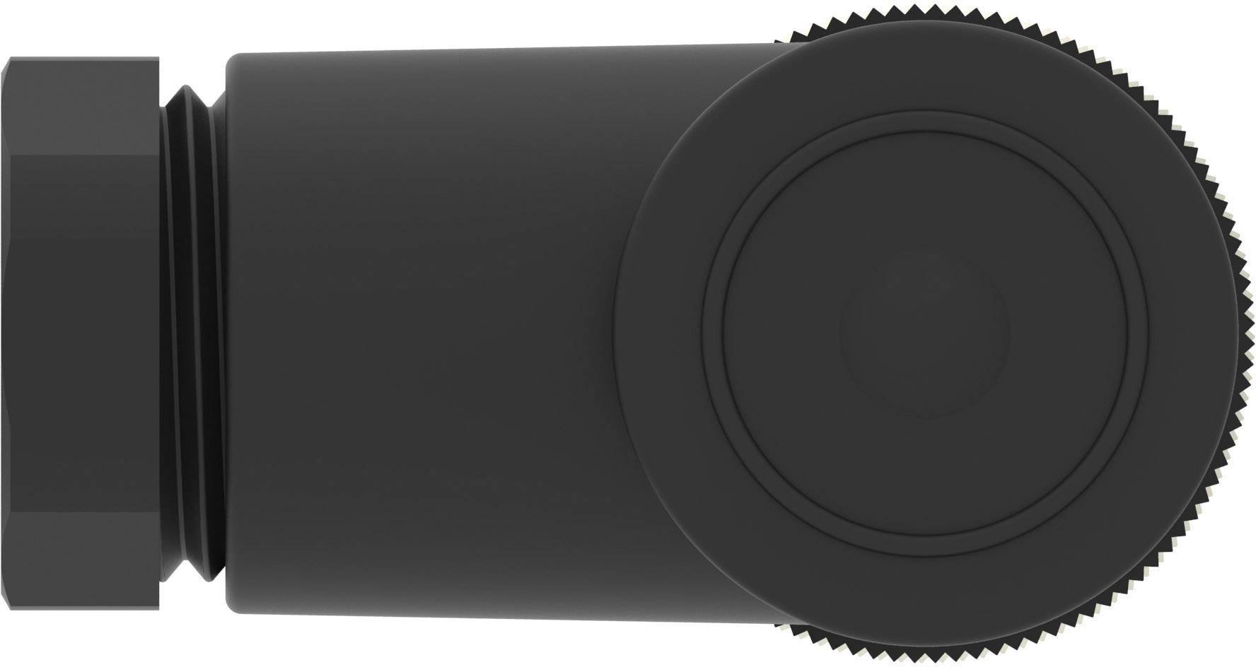 'Black cylinder with fluted edge and connection piece, side view.'