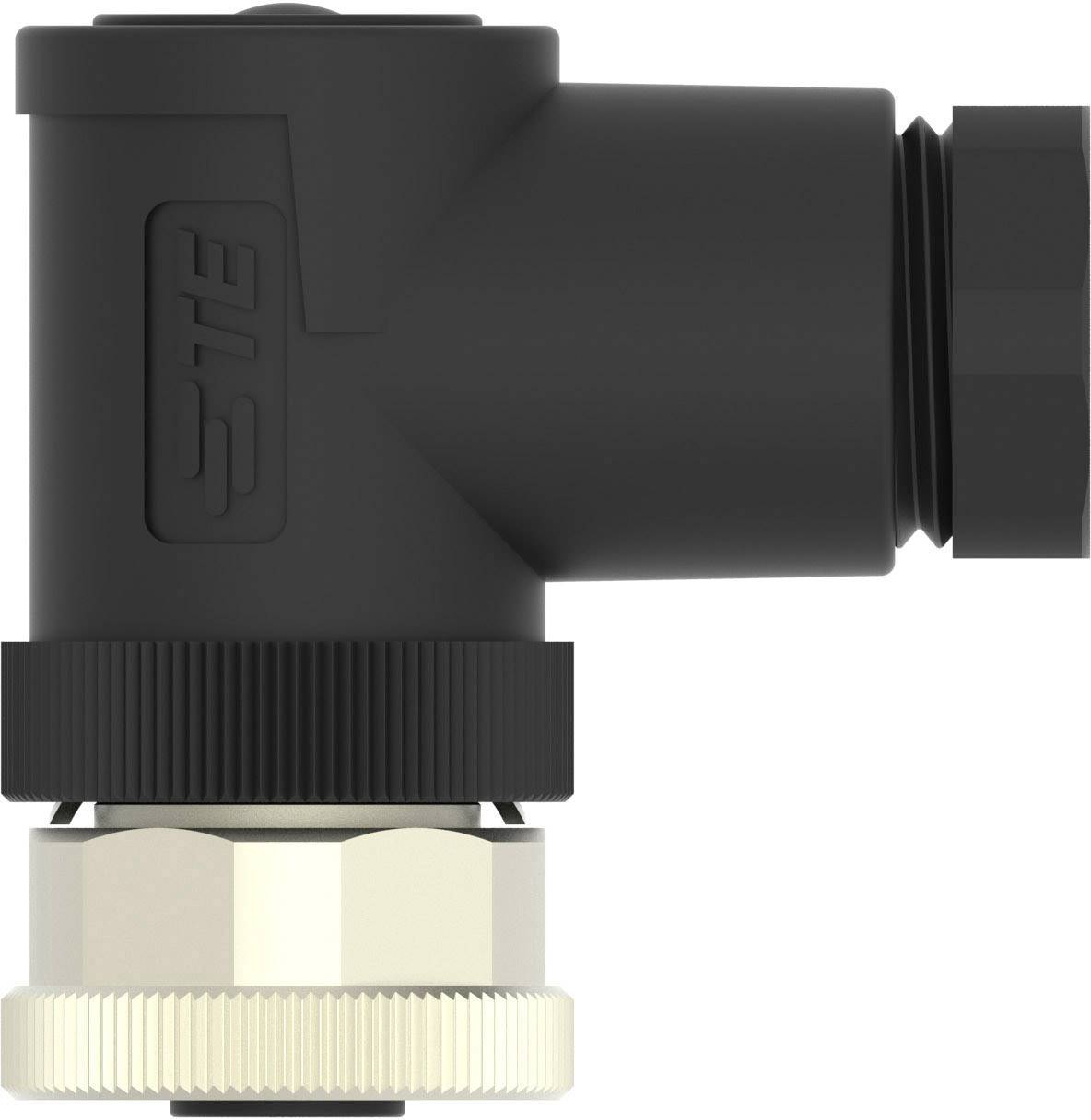 Black, right-angled plug adaptor with screw fastening, suitable for electrical connections.