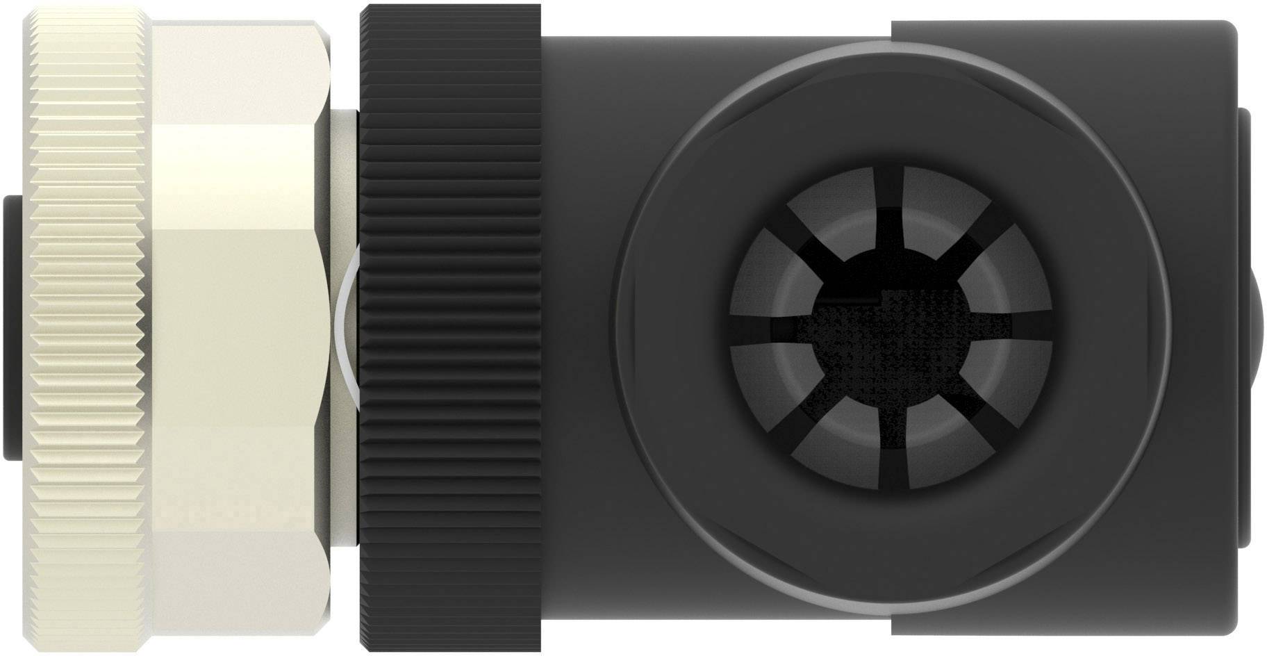 Black plastic piece with a rotatable power adapter, next to a gold-coloured, knurled metal ring.