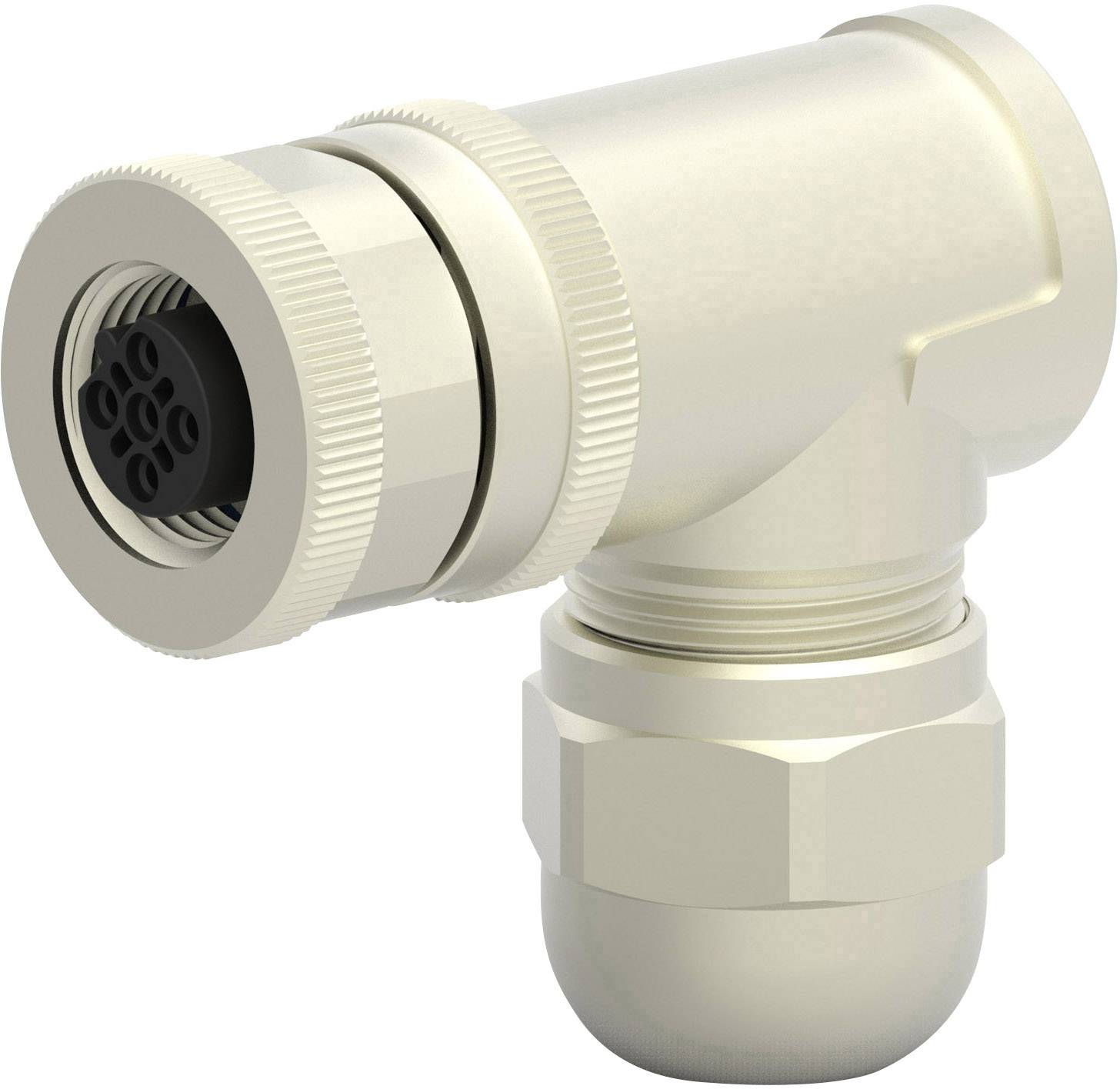 A right-angled metal connector with a screw fastening, suitable for electrical connections, shows several pin holes.